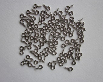 100 screw eye bails, silver tone, 4mm x 8mm