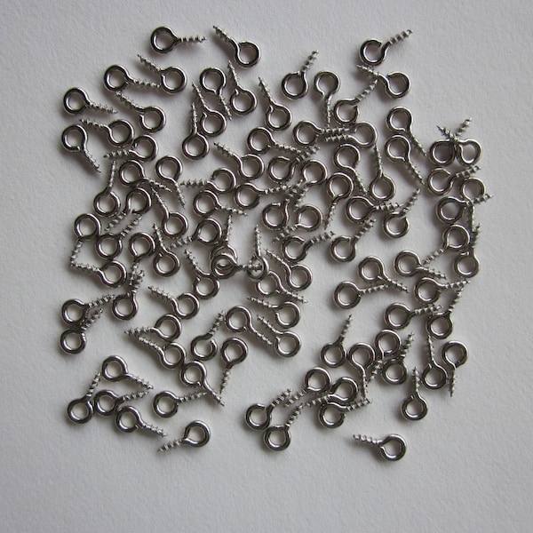 100 screw eye bails, silver tone, 4mm x 8mm