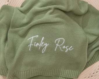 Personalized Embroidered Baby Blanket, Organic Cotton Soft Knit, Custom Name & Date Blanket, Heirloom Keepsake Newborn Gift