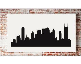 May include: Black silhouette of the Nashville skyline, featuring the iconic AT&T building and other skyscrapers.