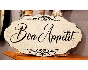 Bon Appétit Sign | French Kitchen Wall Sign | French Country Decor | Farmhouse Kitchen Sign | Kitchen Wall Art | 16x9 | Aged or Clean Finish