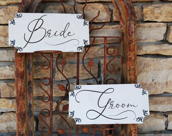 Bride and Groom Signs - 10x6 Handcrafted Wood Wedding Chair Signs with Free Ribbon - Rustic Wedding Decor