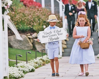 Uncle Here Comes Your Bride Sign - Custom Wedding Sign -  22x10 Wedding Sign - Ring Bearer & Flower Girl Aisle Sign - Aged or Not Aged