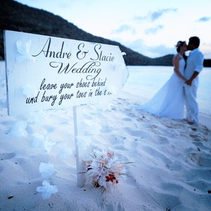 Beach Wedding Sign | Custom Beach Wedding Sign | 24x10 | FREE Stake | Wedding Arrow Sign | SHOES Optional | Vintage Style | Cottage Shabby