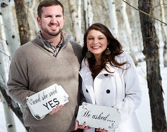 HE ASKED and she said YES Wedding Signs | Set of 2 10x6 | Bride & Groom | Instagram | Engagement photos | Vintage Style | Cottage Shabby