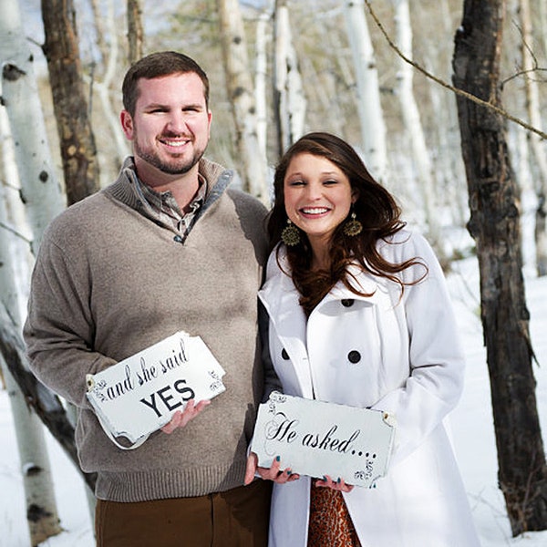 HE ASKED and she said YES Wedding Signs | Set of 2 10x6 | Bride & Groom | Instagram | Engagement photos | Vintage Style | Cottage Shabby