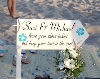 Custom Wedding Signs | Leave YOUR SHOES BEHIND | Beach Arrow Signs | Wedding Signs | 24x10 with Free Stake | Vintage Style | Cottage Shabby