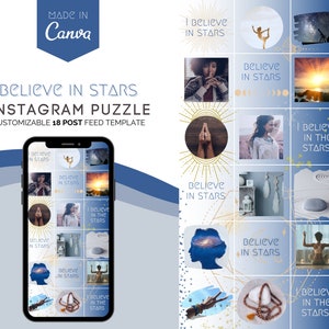 Customizable Instagram Puzzle for Canva | 18 gorgeous posts to unify your feed | celestial indigo geometric stars yoga astrology themed