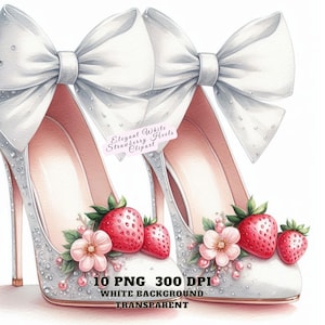 Elegantes tacones blancos de fresa (imagen PNG): Arte de moda chic inspirado en frutas para pegatinas, diarios, arte mural, sublimación y manualidades de verano (imagen PNG)