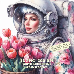 Clipart de astronauta em aquarela carregando tulipa, clipart de tulipa e astronauta de primavera, clipart de aquarela para impressão, PNGs de alta qualidade, diário de lixo