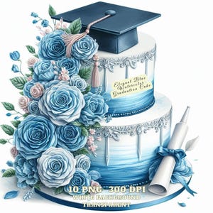Bolo de formatura azul elegante aquarela clipart PNG, turma de 2025, boné, diploma, decoração de festa, download digital, sublimação, uso comercial