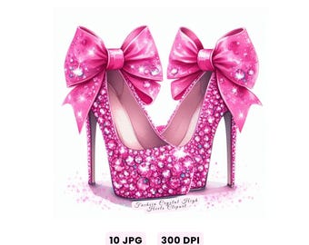 Imágenes prediseñadas de tacones altos, imágenes prediseñadas de tacones altos de cristal fucsia, stilettos rosas en acuarela JPG, descarga digital de zapatos de moda en alta resolución para uso comercial.