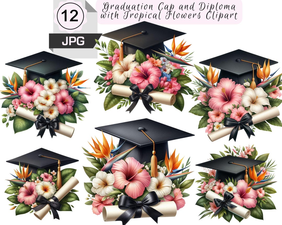 Watercolor Diploma and Cap With Flower Clipart, Graduation Clipart ...