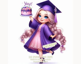 Lila Abschluss Mädchen Clipart PNG, niedlicher graduierter digitaler Download, Klasse von 2025, lila Mütze, Kleid, Diplom, Feier Aufkleber kommerziell