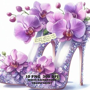 Tacones morados con orquídeas y cristales PNG, elegantes imágenes prediseñadas de tacones altos, diseño de moda, revistas, álbumes de recortes, descarga digital