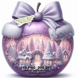 Clipart de maçã de Natal com lavanda em aquarela, decoração de feriado em tons pastéis suaves, diário de sucata Cottagecore Winter Wonderland, sublimação de scrapbooking