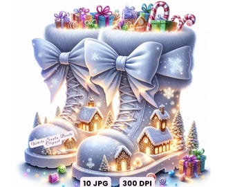Clipart de Natal, Clipart de Botas de Papai Noel de Natal, 10 Clipart de Botas de Papai Noel Brancas Neon, Clipart de Papai Noel em Aquarela, Decoração para Artesanato