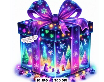 Christmas Gifts Clipart, Christmas Presents Clipart, Ultraviolet Christmas Clipart, Watercolor Glass Gift, Neon Forest Digital Download JPGs