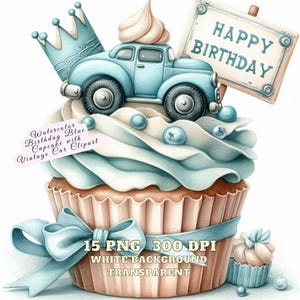 Clipart verjaardag cupcake, 15 aquarel verjaardag blauwe cupcake met vintage auto clipart, viering journaling scrapbooking voor commercial