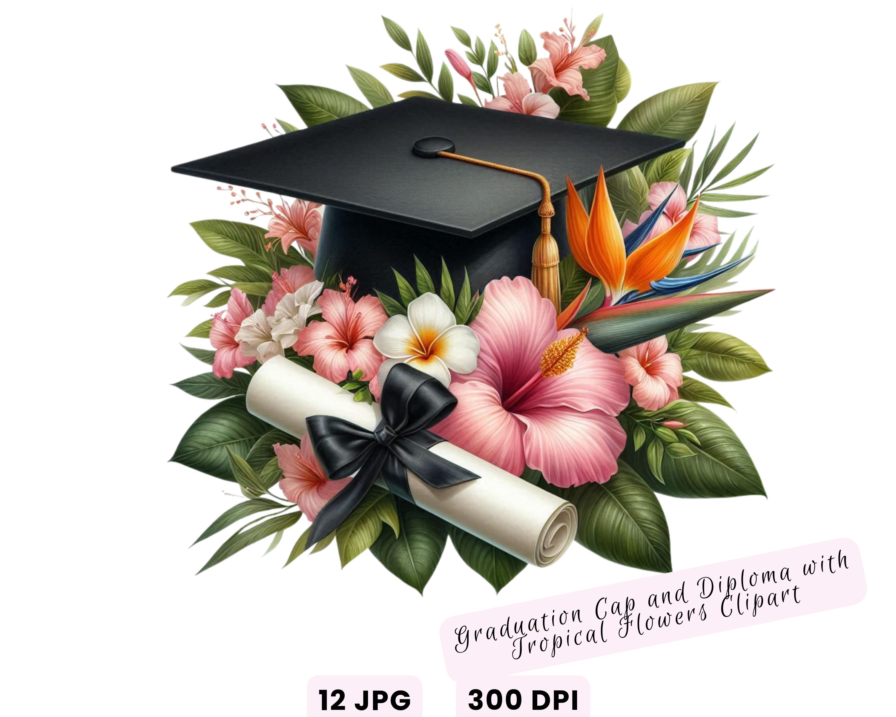 Watercolor Diploma and Cap With Flower Clipart, Graduation Clipart ...