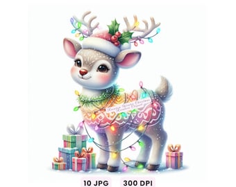 Christmas Animal Clipart, Reindeer Christmas Clipart, Rainbow Winter Animal, Holiday Reindeer JPG Cute Xmas Digital File Cozy Art for Crafts