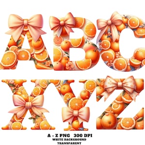 Fruity Alphabet Clipart, Orange Fruit Alphabet Clipart, Watercolor Citrus Letters A–Z with Bows, Doodle Citrus Letters for Creative Projects