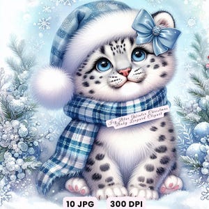 Christmas Animals Clip Art, 10 High Res Watercolor JPGs Winter Animals, Icy Blue Winter Christmas Baby Leopard Clipart, Cute Holiday Art JPG