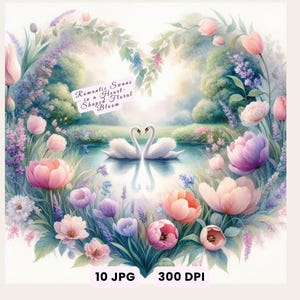 10 Cisnes Românticos em Flor em Formato de Coração Clipart, Aquarela JPG, Diário de Junções, Artesanato de Casamento, Scrapbooking, Arte de Parede, Uso Comercial