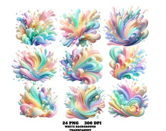 24 Pastel Rainbow Splash Clipart PNG, Watercolor Paint Splatter, Colorful Abstract Ink Blot, High-Quality Pastel Clip Art for Digital Design