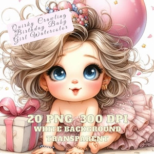 Clipart rampant de bébé original, Images aquarelles d'anniversaire de bébé rampant original, petite fille rampant décalée, mignon doux petit bébé PNG
