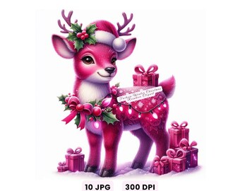 Christmas Animal Clipart, Reindeer Christmas Clipart, Fuchsia Winter Animal, Holiday Reindeer JPG, Cute Xmas Digital File Christmas Cozy Art