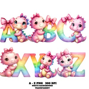 Dino Alphabet, Dino Letter, Dino Font Png, Pink Dino Alphabet Clipart A-Z PNG, Watercolor Dinosaur Letters, Baby Dinosaur Alphabet Doodles