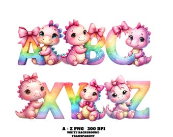 May include: A whimsical illustration features the letters A, B, C, X, Y, and Z, each adorned with a rainbow gradient. Cute pink dinosaur characters with bows are nestled beside each letter. The image includes the text "A - Z PNG 300 DPI WHITE BACKGROUND TRANSPARENT."