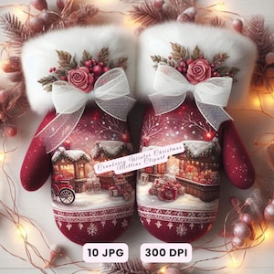 Luvas de inverno clipart, 10 luvas de Natal JPG, conjunto de luvas de Natal com cranberry JPG, arte festiva com luvas de aquarela para cartões de Natal, artesanato
