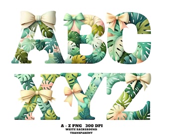 May include: A-Z alphabet letters with a tropical leaf design in shades of green, pink, and yellow. Each letter is adorned with a cream-colored bow. The letters are set against a white background, with the text "A - Z PNG 300 DPI WHITE BACKGROUND TRANSPARENT" at the bottom.