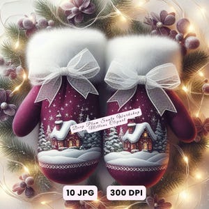 10 clipart de luvas de Natal em JPG, pacote de luvas JPG Deep Plum Santa Workshop, arte aconchegante de luvas de inverno para cartões, scrapbooking, decoração de Natal