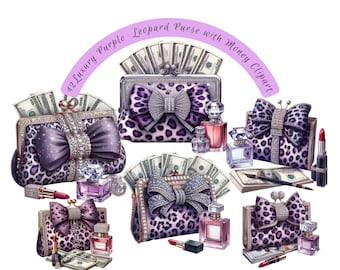 Clipart di borse di lusso, clipart di moda, 10 clipart di borse di lusso leopardate viola con contanti JPG, illustrazione di portafoglio di design di borsa per soldi glamour