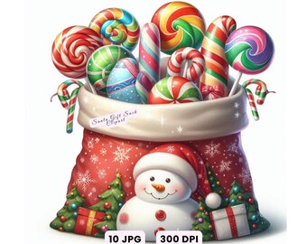 Christmas Santa Sack Clipart, 10 Watercolor Santa Gift Sack Clipart, Rainbow Christmas Candy, Commercial Use JPG, Crafts, Decor Junk Journal