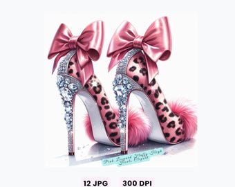 Pink Leopard Fluffy High Heels Clipart, Luxury Pink Animal Print Stiletto JPG, Crystal Bow Fashion Heels Illustration, Glam Shoe Art, Crafts