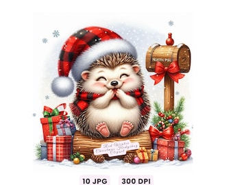 Cute Red Winter Christmas Hedgehog Clipart, Watercolor Holiday Animal JPG, Festive Santa Hat Hedgehog, Cozy Christmas Sublimation Art Crafts