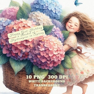 May include: A watercolor illustration of a girl holding a basket of pink, blue, and white hydrangeas. The text "Happy Girl Holding a Basket of Spring Hydrangeas in Spring" is written on a white banner in front of the basket. The image has a white background.