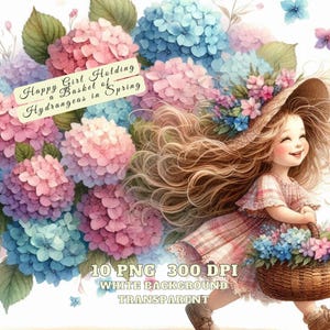 Clipart de hortênsia de primavera, menina feliz segurando cesta de hortênsias na primavera PNG, clipart de flor de hortênsia azul, lindas flores de primavera PNG