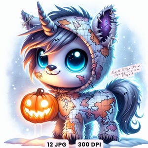 May include: A digital illustration of a cute unicorn-like creature wearing a map-themed outfit and holding a glowing jack-o'-lantern. The creature has large blue eyes and a white and gray color scheme. Text on the image reads "Earth Map Print Spooky Unicorn Clipart."