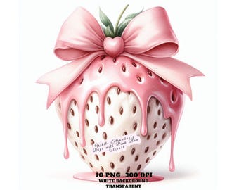 Imágenes prediseñadas de fresas blancas con cobertura de chocolate rosa y lazos: imágenes PNG de postres estéticos para pegatinas, álbumes de recortes, sublimación, manualidades e invitaciones.