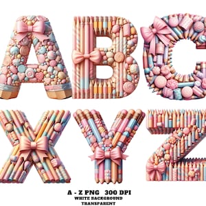 Imágenes prediseñadas del alfabeto, letras de lápiz de caramelo pastel con lazos PNG, fuente escolar linda, imágenes prediseñadas de letras de lápiz, letras de lápiz de fuente dulce A-Z