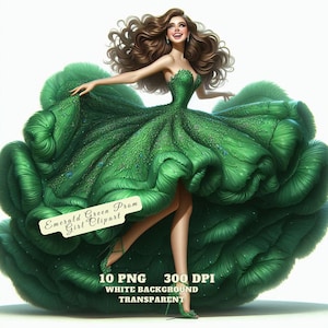 Emerald Green Prom Girl Clipart, Quinceañera PNG, Fashion Girl Watercolor Illustration, Green Dress Clip Art, Prom Queen PNG, Commercial Use