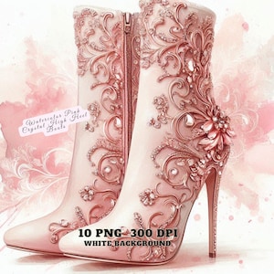 Aquarel roze kristallen hoge hak laarzen PNG, elegante modeschoen clipart, voor- en achteraanzicht, witte achtergrond, junk Journal, DIY Crafts