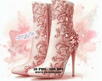 Watercolor Pink Crystal High Heel Boots PNG, Elegant Fashion Shoe Clipart, Front and Back View, White Background, Junk Journal, DIY Crafts
