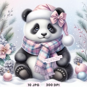 Kerst dieren illustraties, hoge resolutie winter dieren JPG, pastel kerst panda clipart, zachte vakantie aquarel kunst voor kaarten ambachten, dagboek
