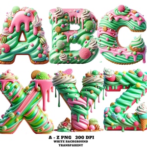 Alphabet Clipart, Pistachio Raspberry Ice Cream Alphabet Clipart, Melting Dessert Letters PNG, Sweet Pastel Font, A–Z Candy Fonts PNG Crafts